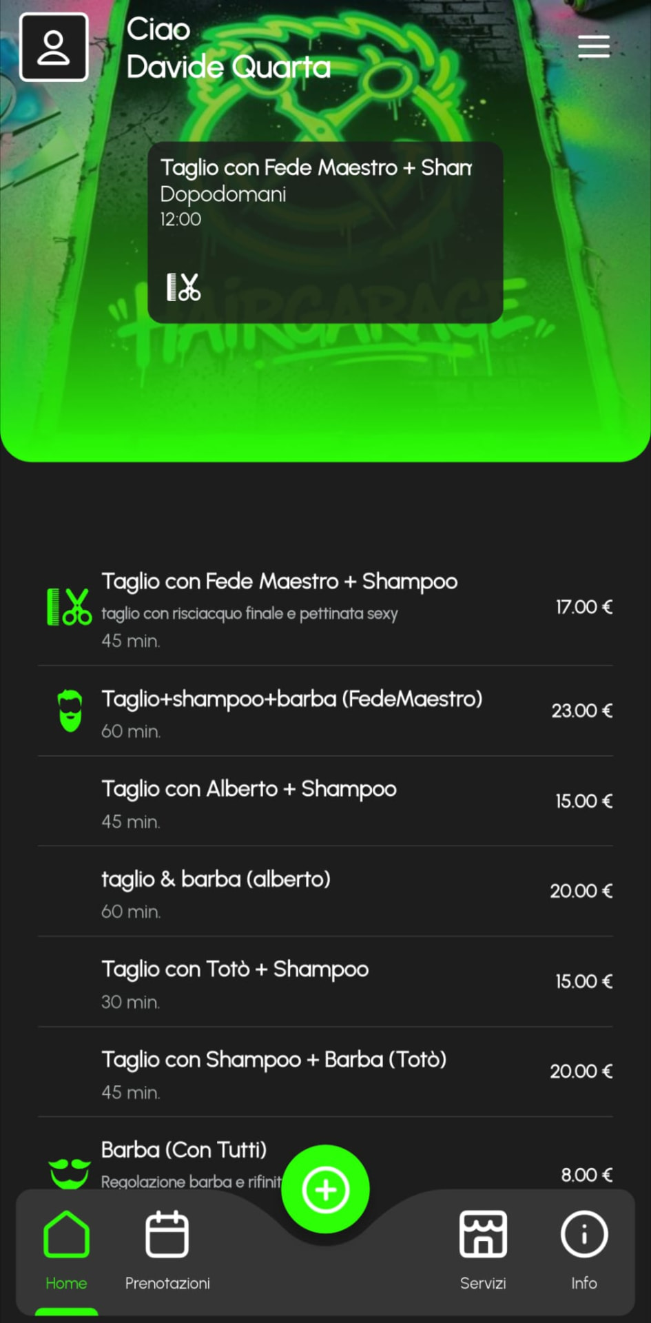 Vecchia interfaccia dell'app: home con grafica verde fluo e lista servizi