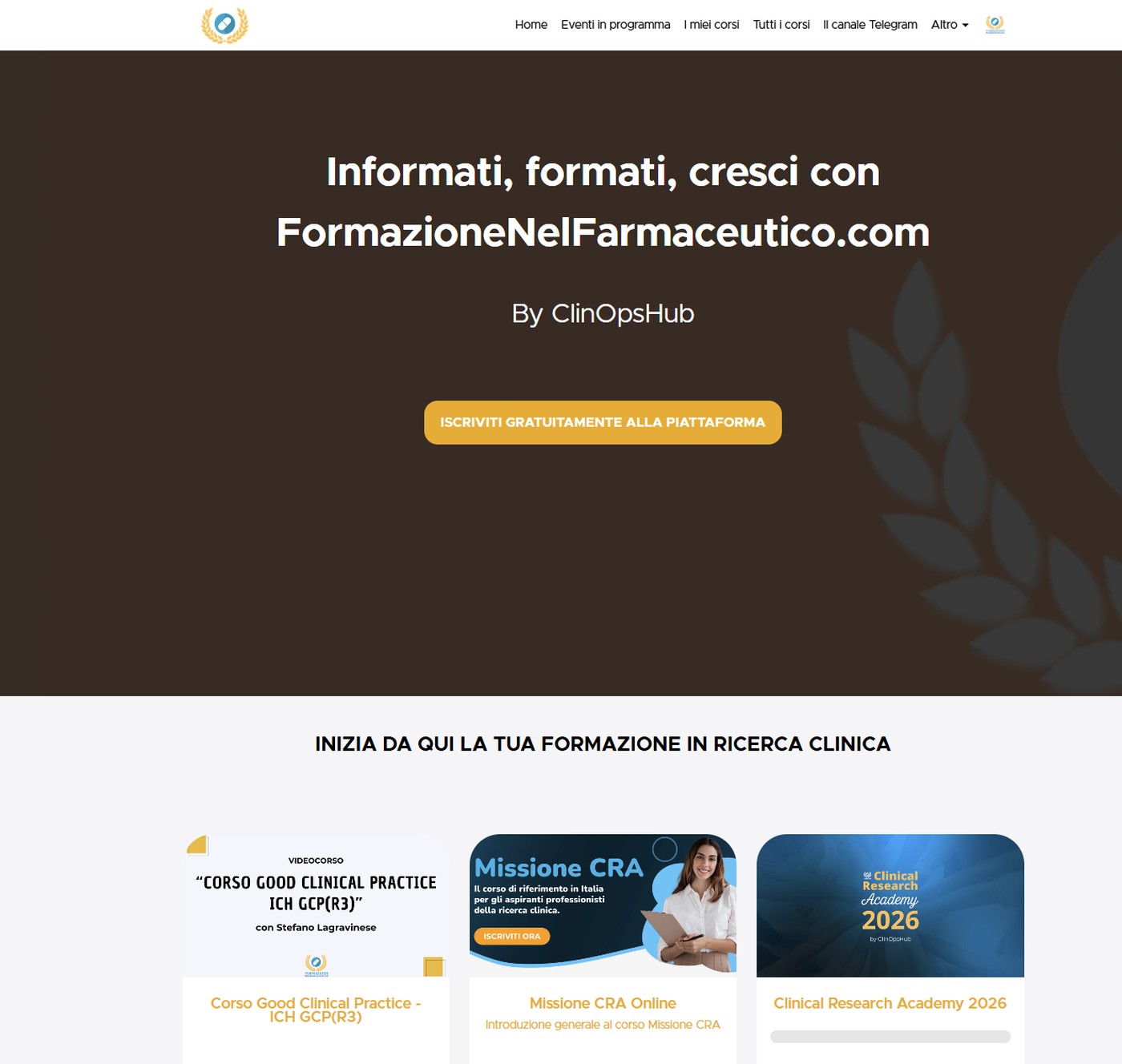 Vecchia homepage di FormazioneNelFarmaceutico.com sul template Teachable